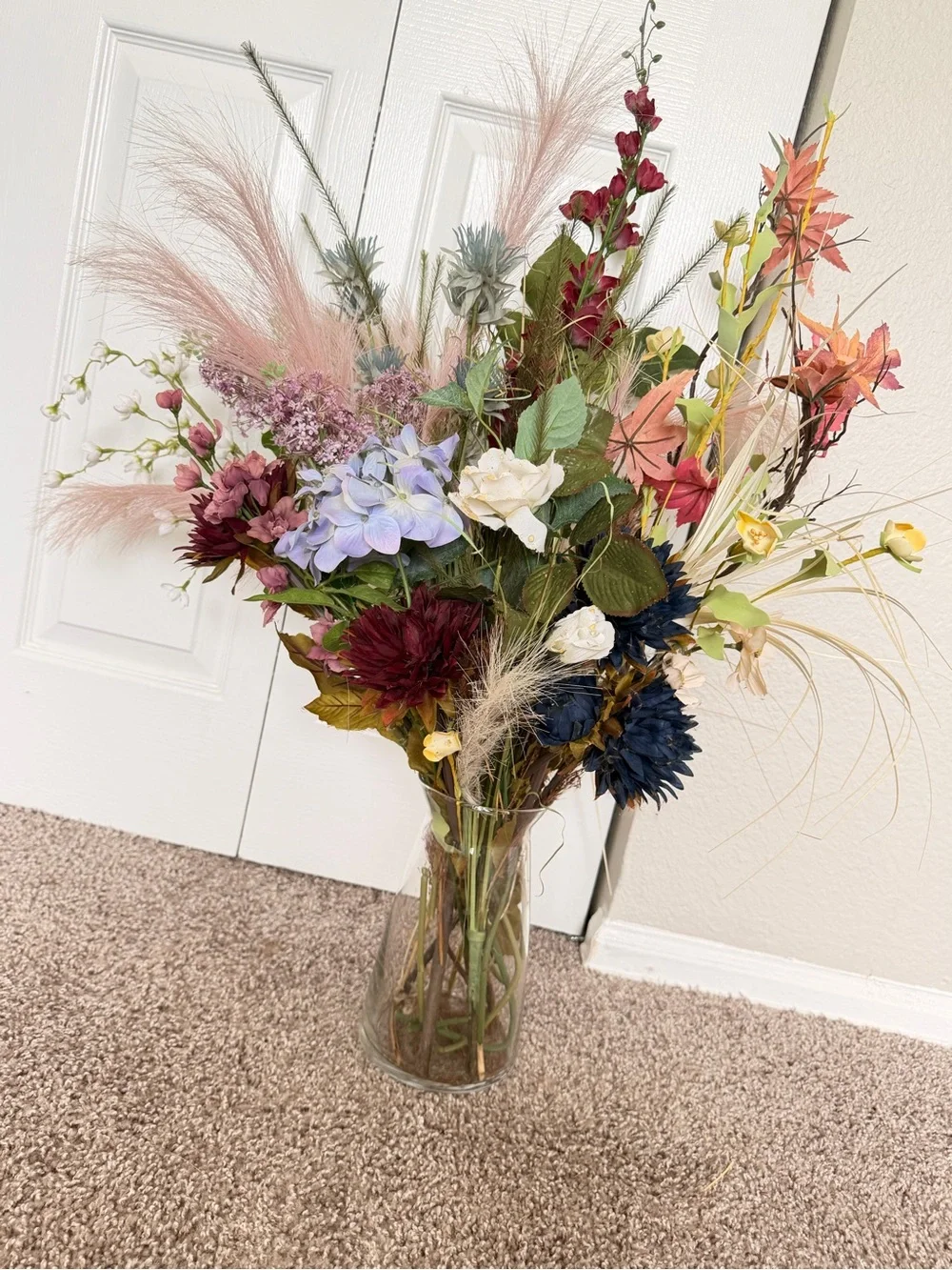 Hand Crafted Mixed Faux Floral Bouquet in Pink, Blue, Burgundy & Cream